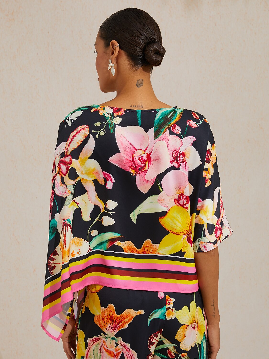 Midnight Floral Carnival Silky Satin Dolman Sleeve Top