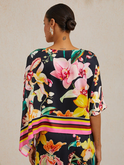 Midnight Floral Carnival Silky Satin Dolman Sleeve Top