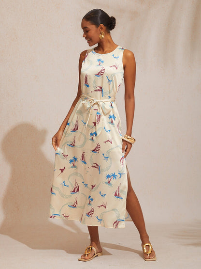 Vacation Ocean Elements Straight Satin Maxi Dress