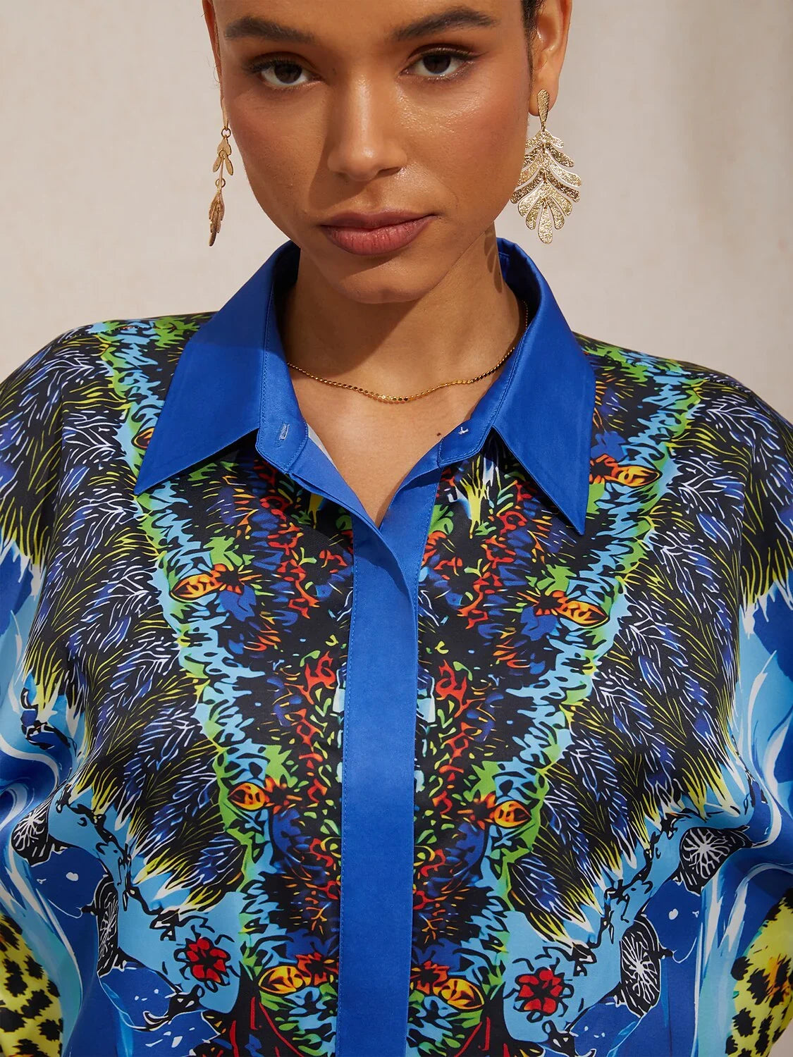Vintage Leopard Jewelry Silky Satin Dolman Sleeve Shirt