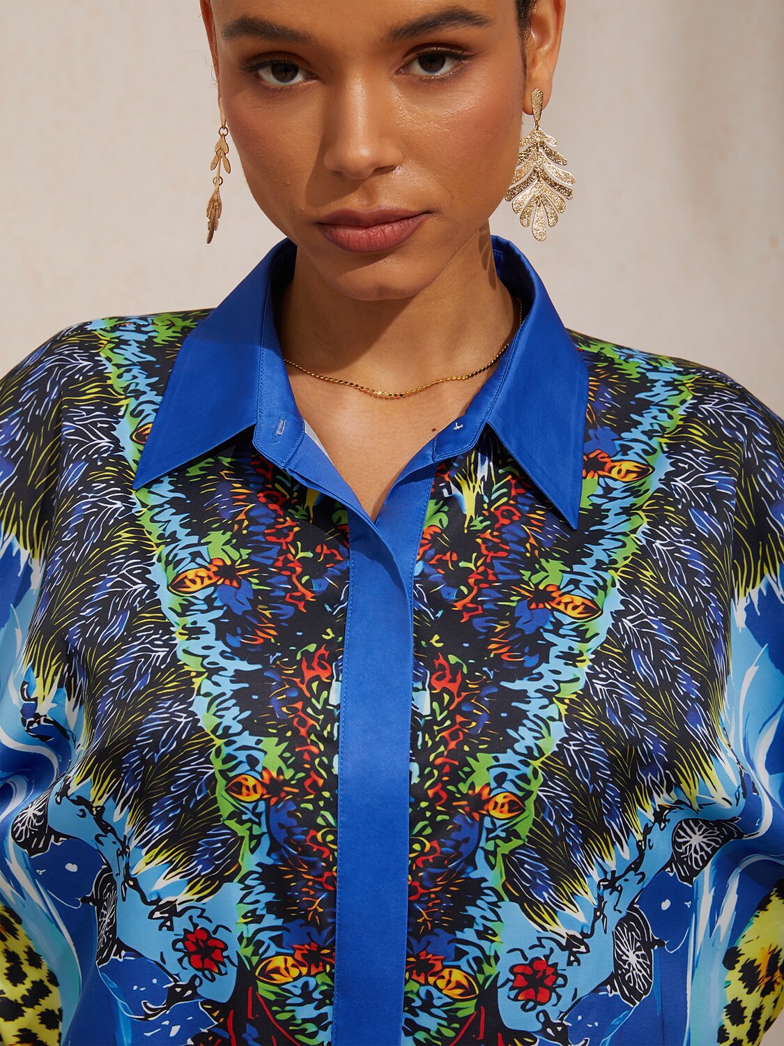 Pastel Floral Garden Satin Dolman Sleeve Button Down Shirt