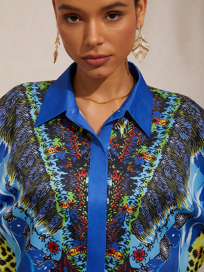 Pastel Floral Garden Satin Dolman Sleeve Button Down Shirt