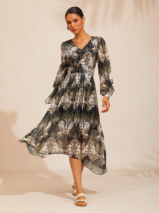 Green Mandala Floral Flowy Chiffon Maxi Dress