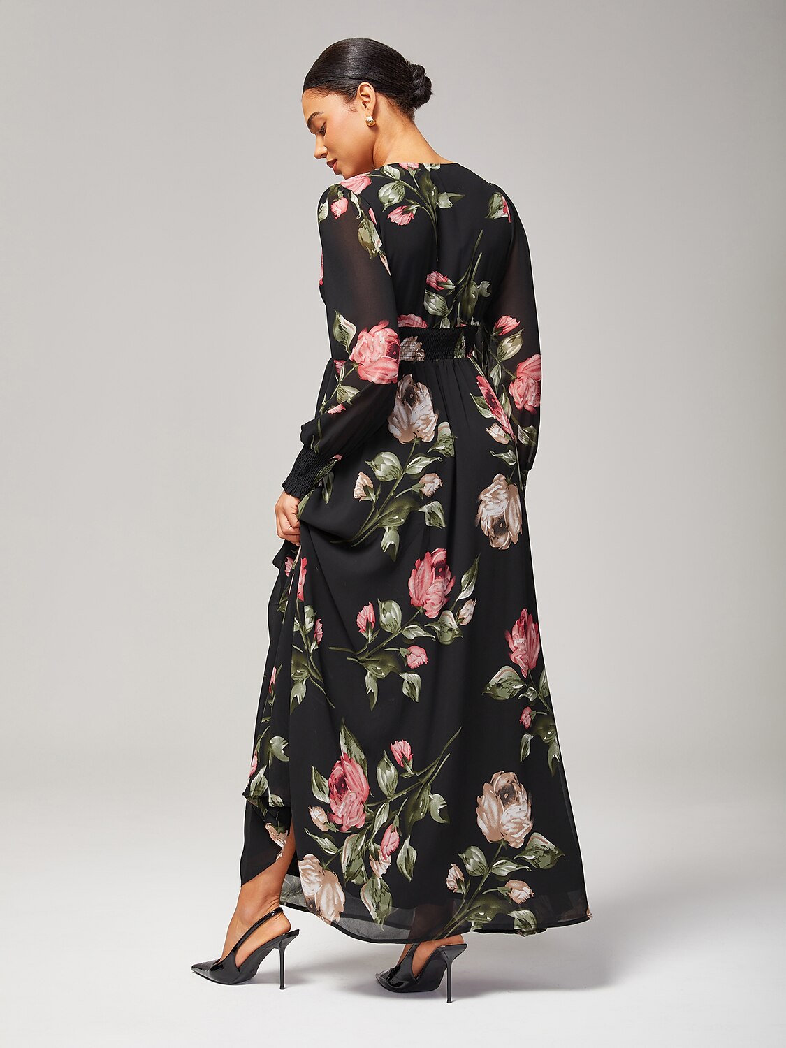 Floral Print Flowy Chiffon Maxi Dress