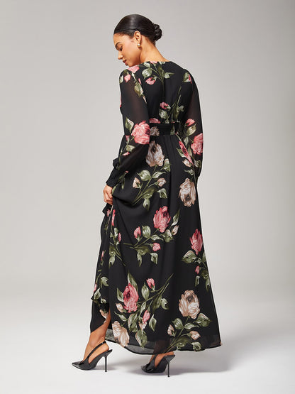 Floral Print Flowy Chiffon Maxi Dress