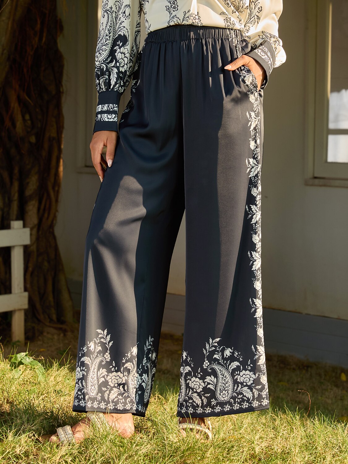 Noir Baroque Silky Satin Wide Leg Pants