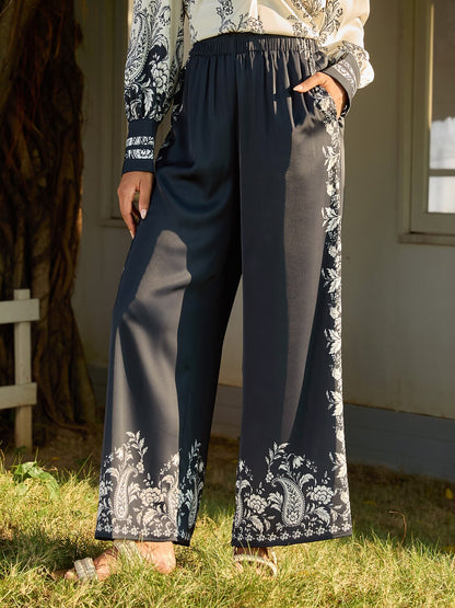 Noir Baroque Silky Satin Wide Leg Pants