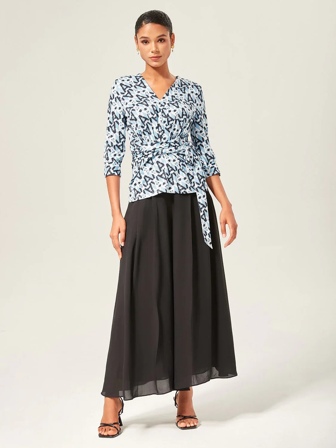 Stretch Geometric Print Waist-Tie Top