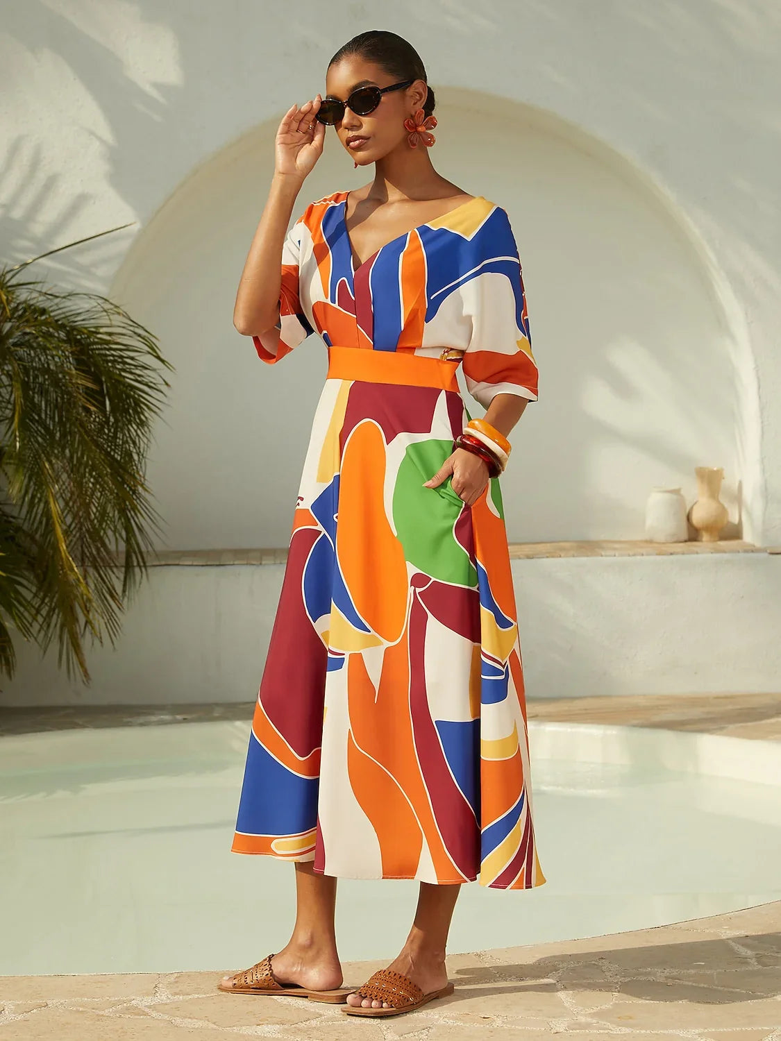 Vacation Geometric Color Block Print Satin Maxi Dress