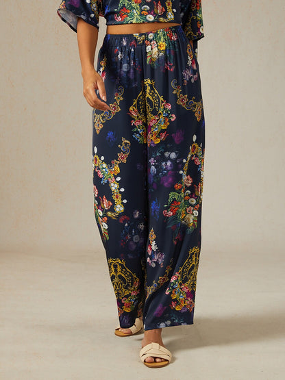 Midnight Jewel Bloom Silky Satin Wide Leg Pants
