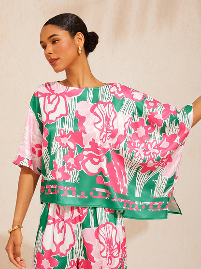 Pastel Floral Garden Silky Satin Dolman Batwing Top