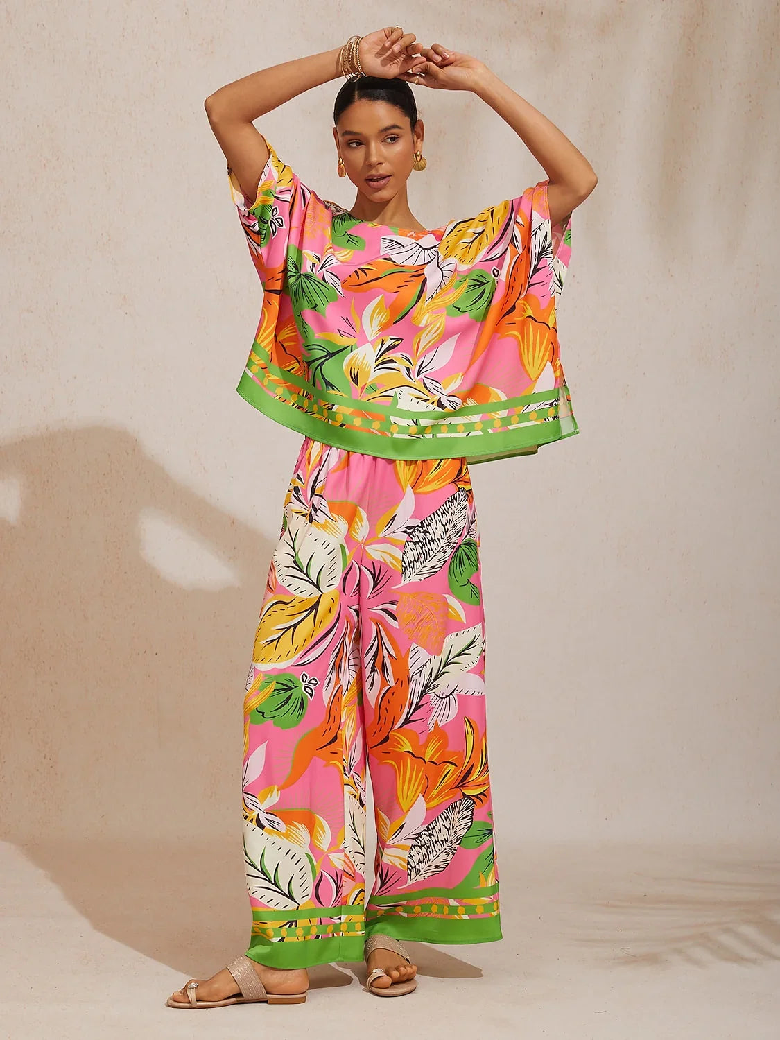Summer Night Palm Silky Satin Wide Leg Pants