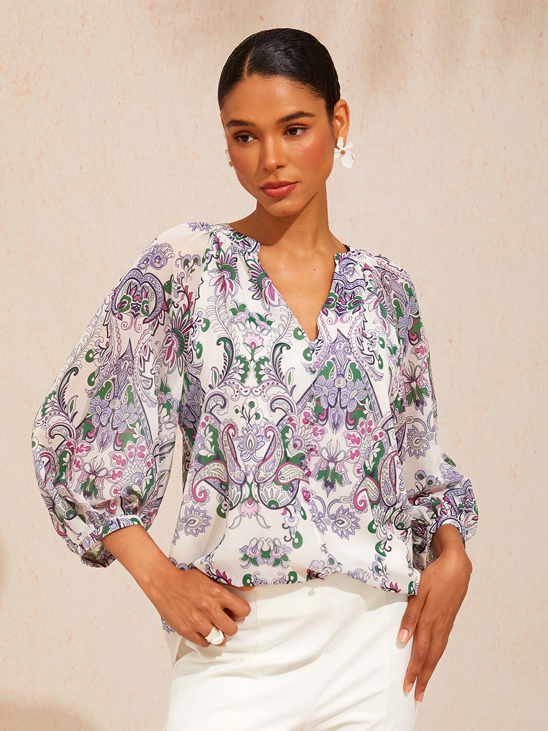Mint Paisley Flora Flowy Chiffon Top