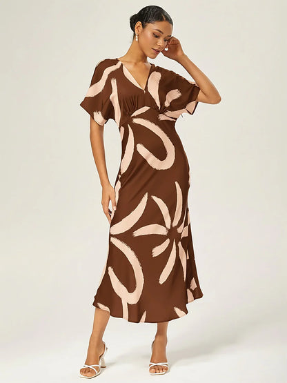 Abstract Floral Print Satin Maxi Dress