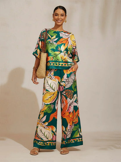 Wild Hibiscus Dream Silky Satin Dolman Sleeve Top