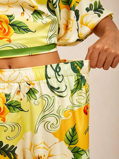 Golden Bloom Silky Satin Wide Leg Pants