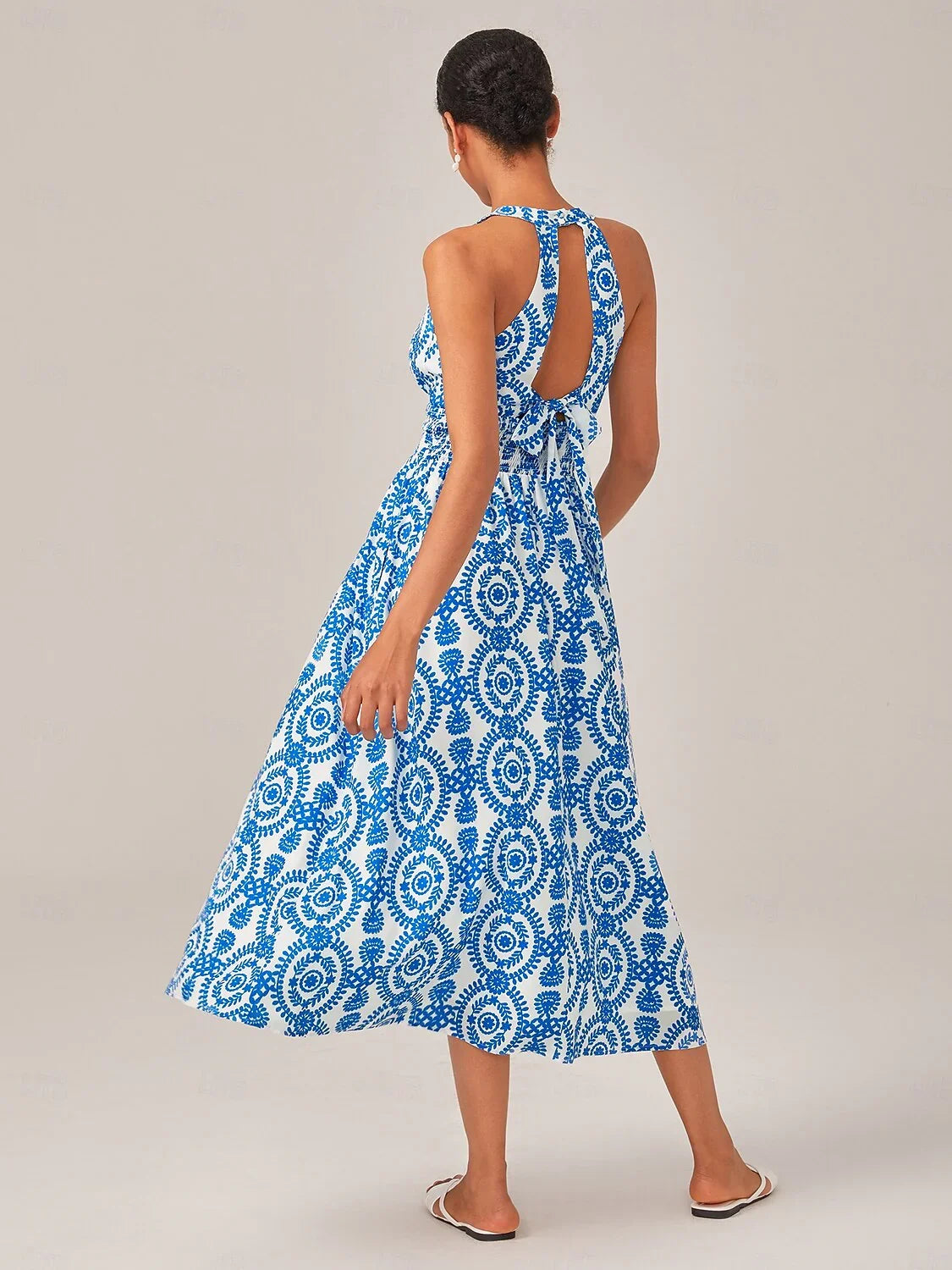 Chiffon Geometric Print Resort-Style Halter Fitted Waist Maxi Dress