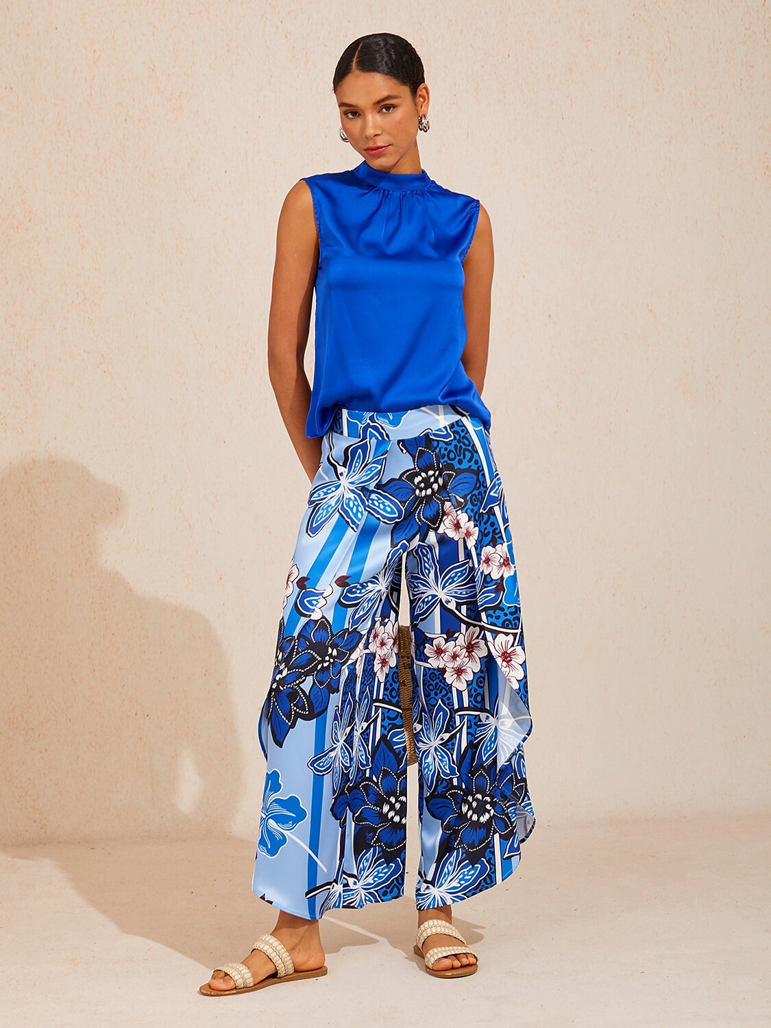 Azure Bloom Satin Slit Wide Leg Pants