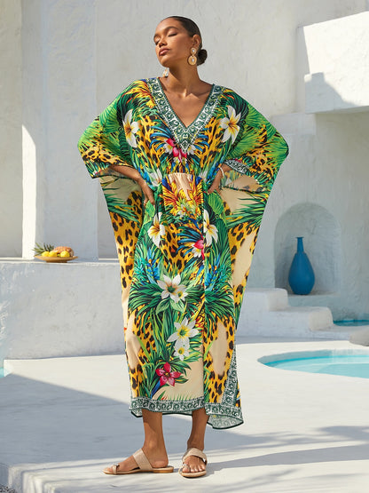 Tropische Versuchung Fließender Chiffon-Leoparden-Kaftan