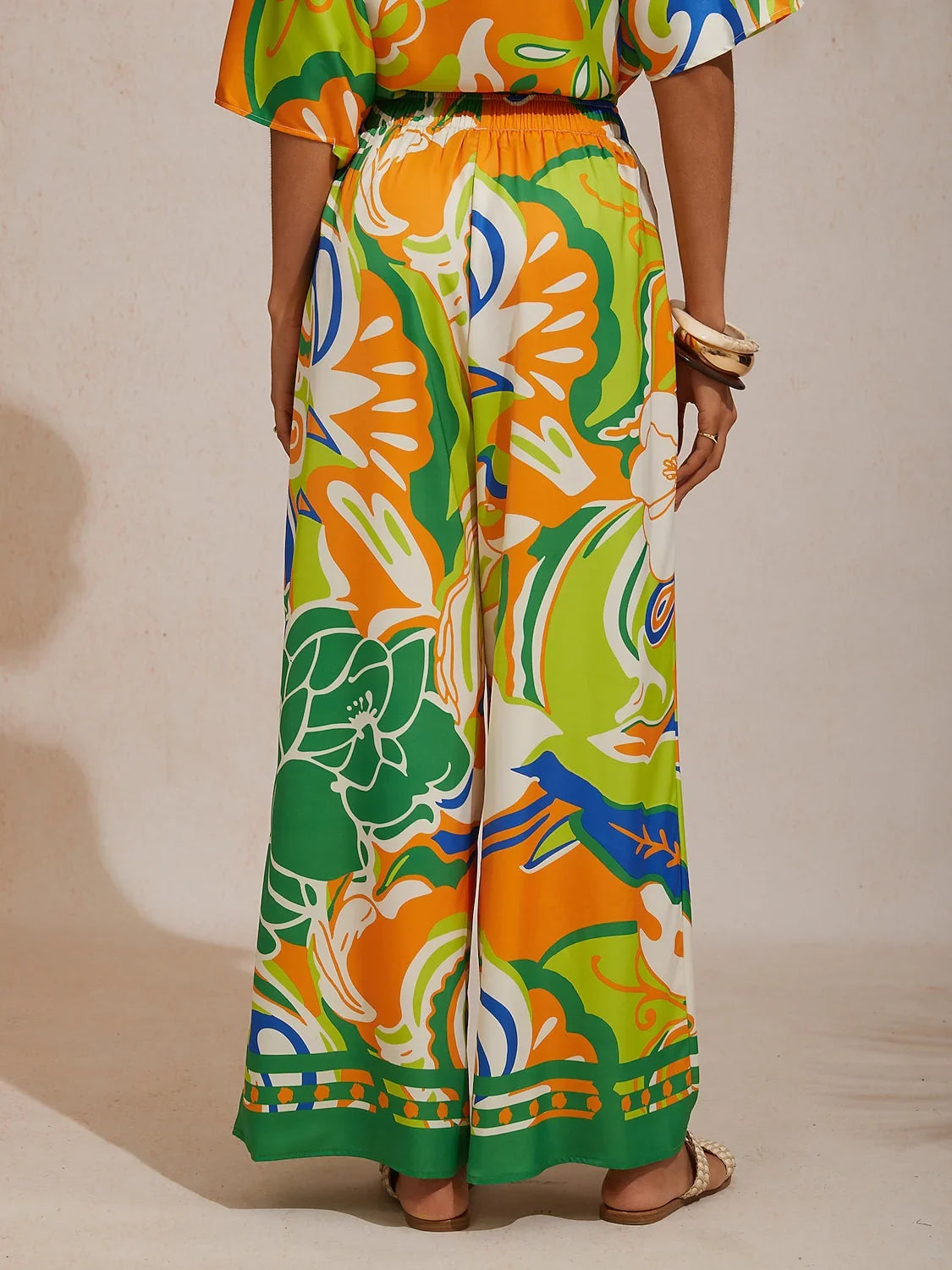 Summer Night Palm Silky Satin Wide Leg Pants