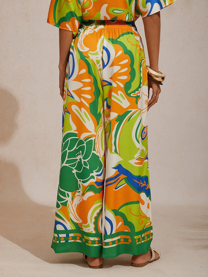 Summer Night Palm Silky Satin Wide Leg Pants