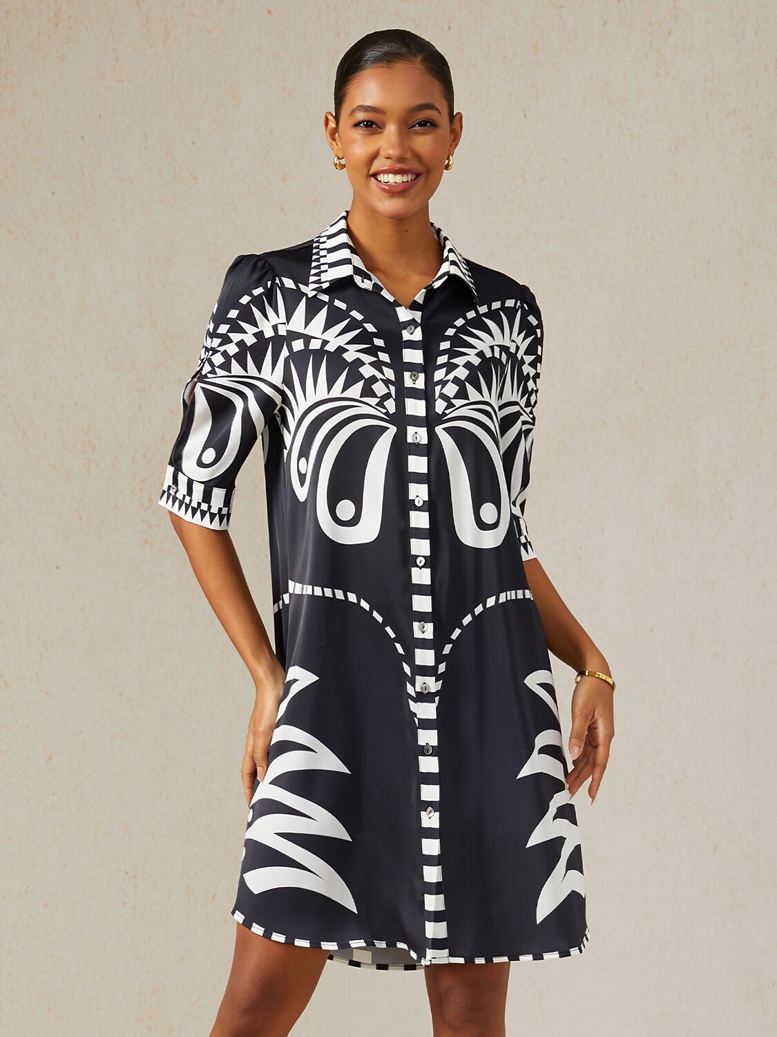 Noir Geometry Silky Satin Shirt Dress