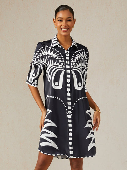 Noir Geometry Silky Satin Shirt Dress