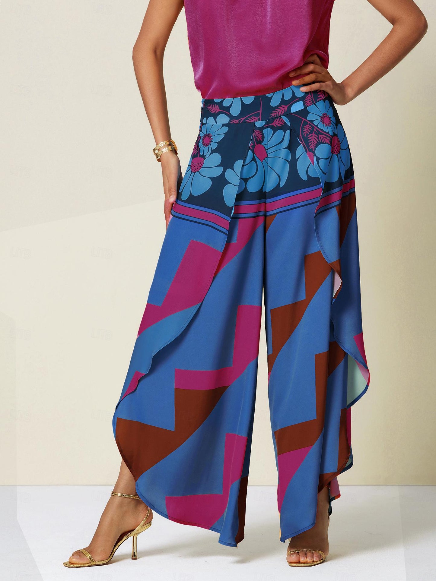 Hawaii Palm Satin Slit Wide Leg Pants