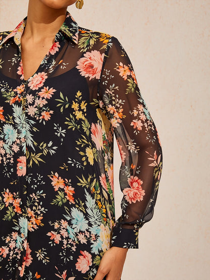 Moonlight Blossom Chiffon Shirt Dress