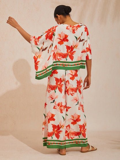 Spring Blooms Silky Satin Asymmetrical Dolman Sleeve Blouse