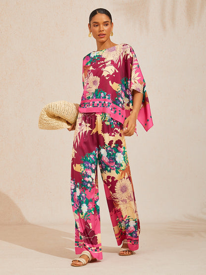 Fiery Pink Rose Silky Satin Batwing Top
