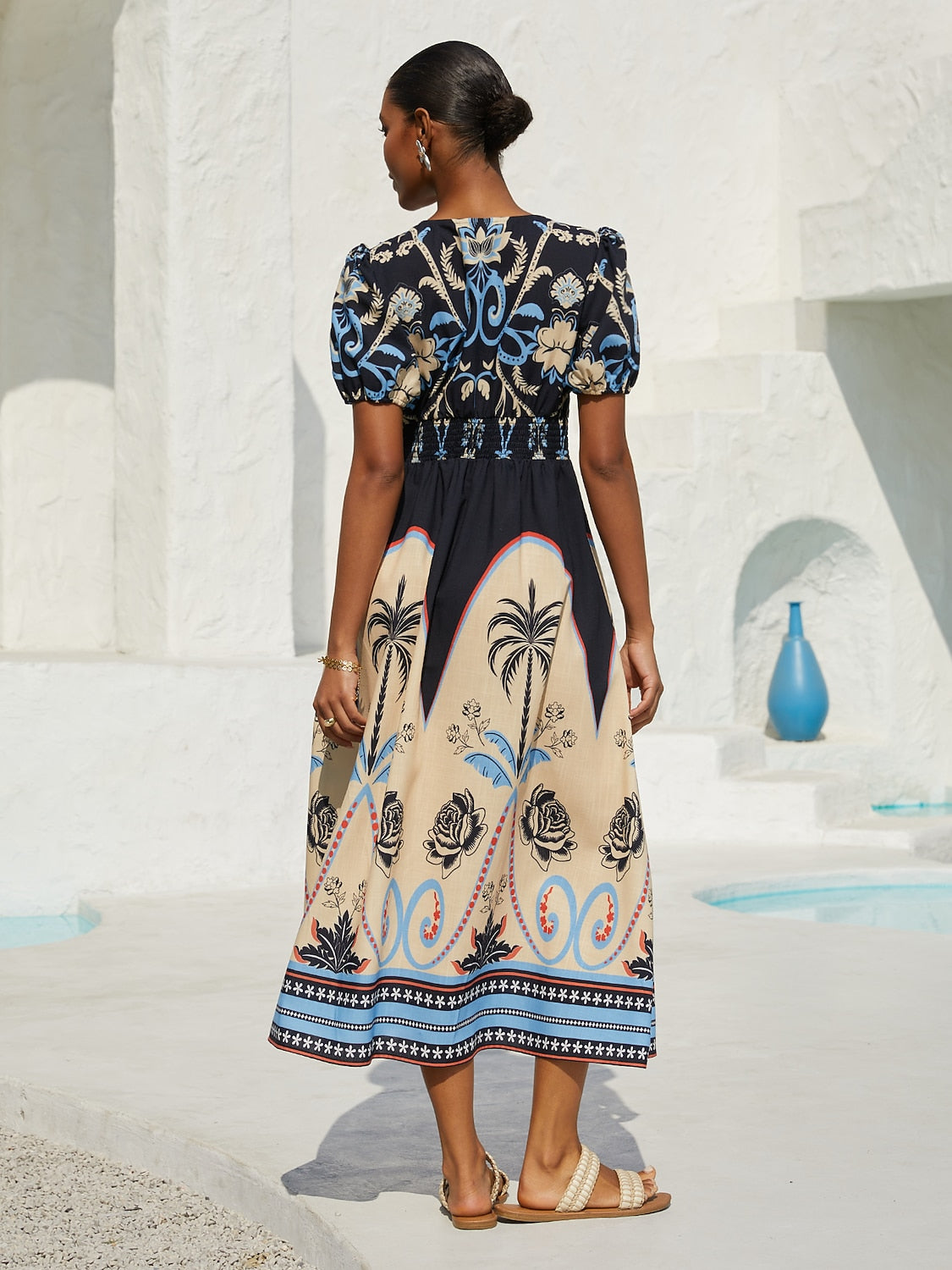 Sommernacht Leinen-ähnliches Maxikleid mit Palmenmuster