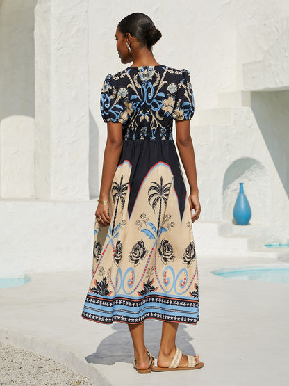 Sommernacht Leinen-ähnliches Maxikleid mit Palmenmuster