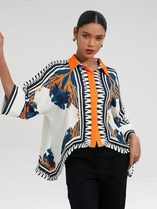 Satin Ethnic Print Block Printing Collar Shirt