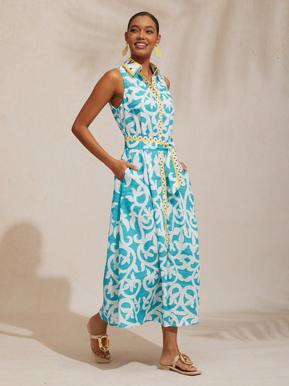 St Barth Blooms Airy Linen Look Blue Shirt Dress