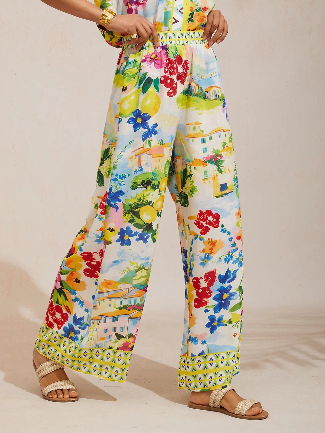 Holiday Citrus Garden Airy Linen Look Wide Leg Pants