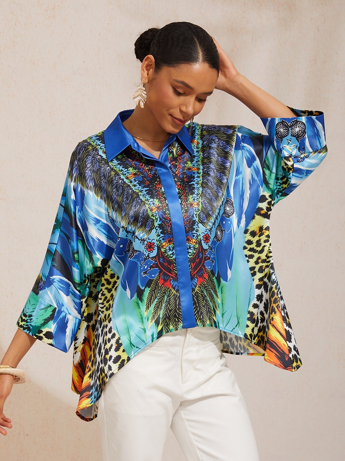 Pastel Floral Garden Satin Dolman Sleeve Button Down Shirt