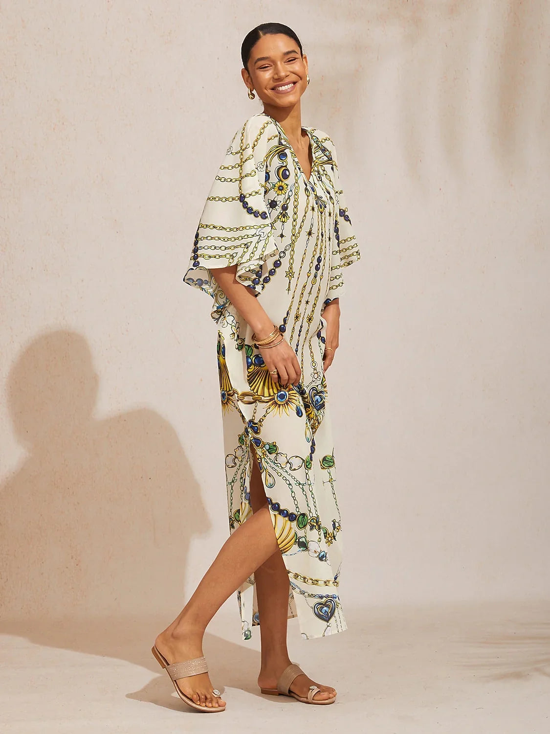Vintage Jewelry Flowy Chiffon Dolman Sleeve Maxi Dress