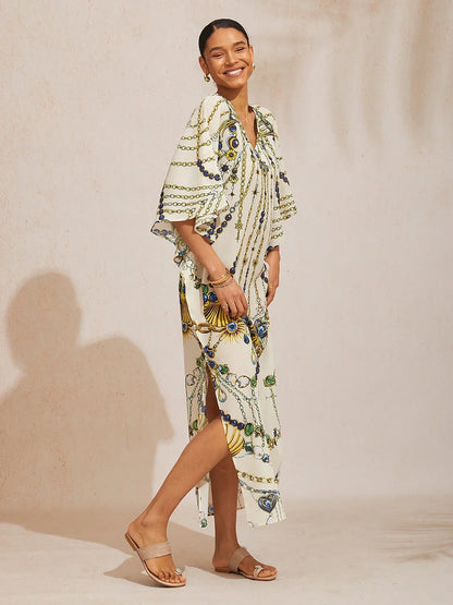 Vintage Jewelry Flowy Chiffon Dolman Sleeve Maxi Dress
