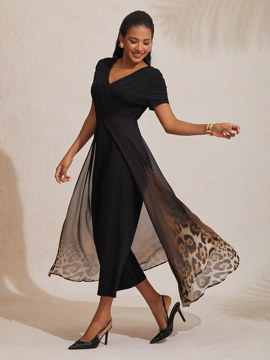 Chiffon Knit Gradient Leopard Print Flowing Elegant Jumpsuit