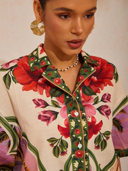 Hawaii Palm Airy Linen Look Floral Shirt