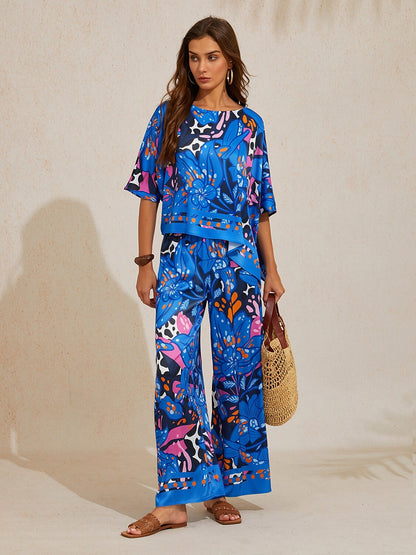 Abstract Azure  Satin Dolman Sleeve Top