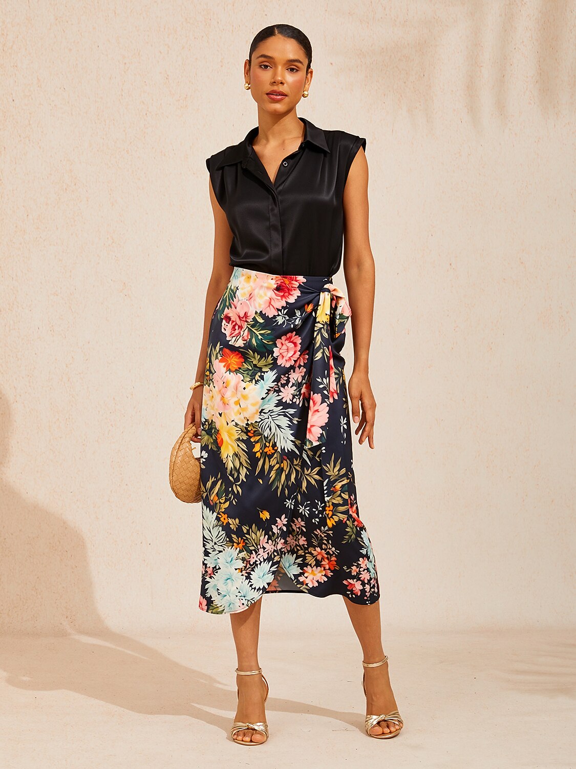 Moonlight Blossom Silky Satin Wrap Skirt