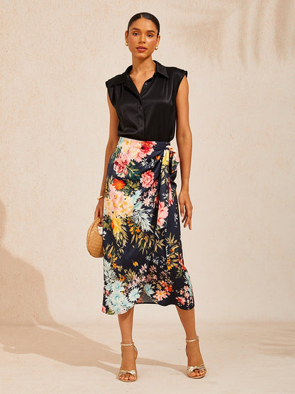 Moonlight Blossom Silky Satin Wrap Skirt