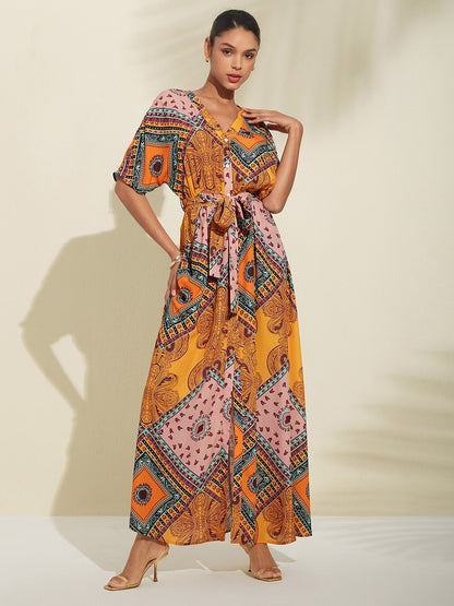 Folk Print V Neck Maxi Chiffon Dress