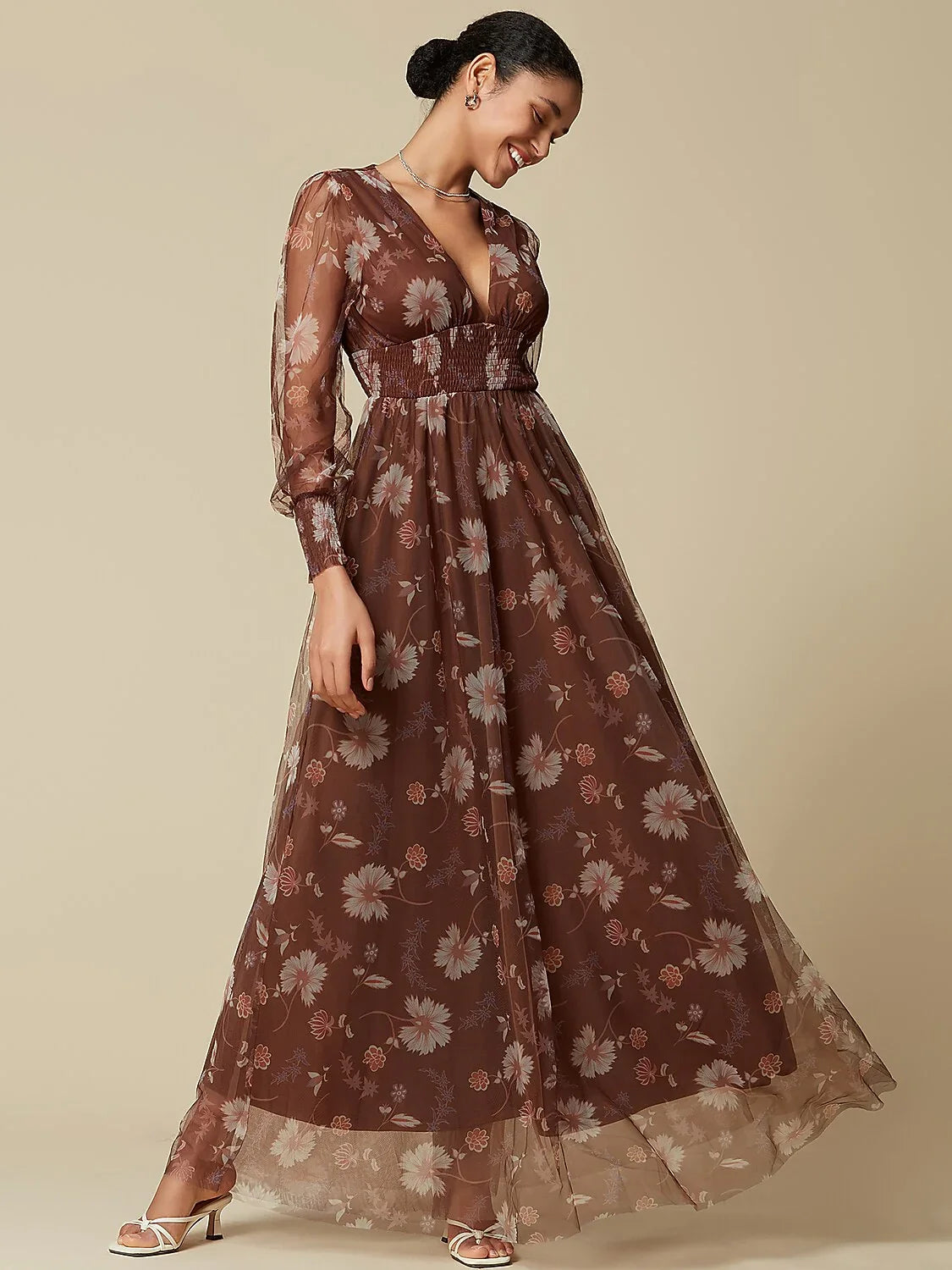 V-Neck Floral Mesh Maxi Dress