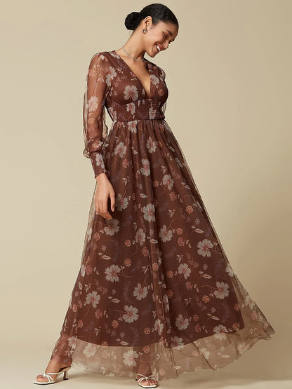 V-Neck Floral Mesh Maxi Dress