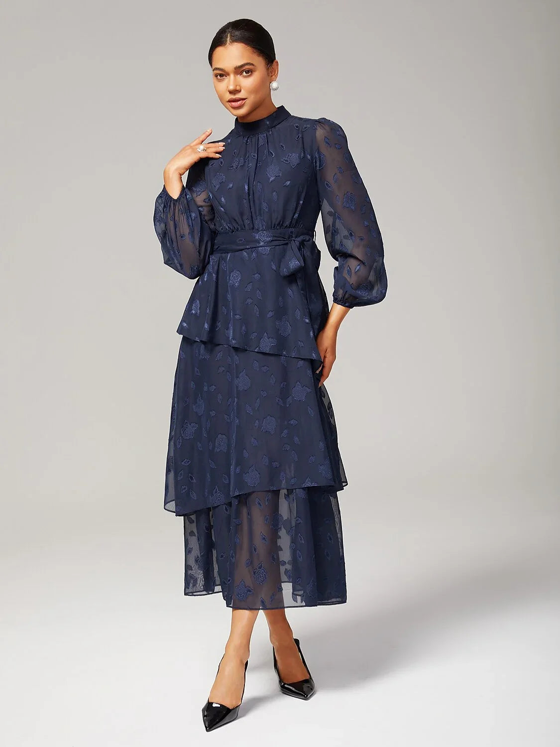 Elegant Floral Print High-Neck Maxi Chiffon Dress
