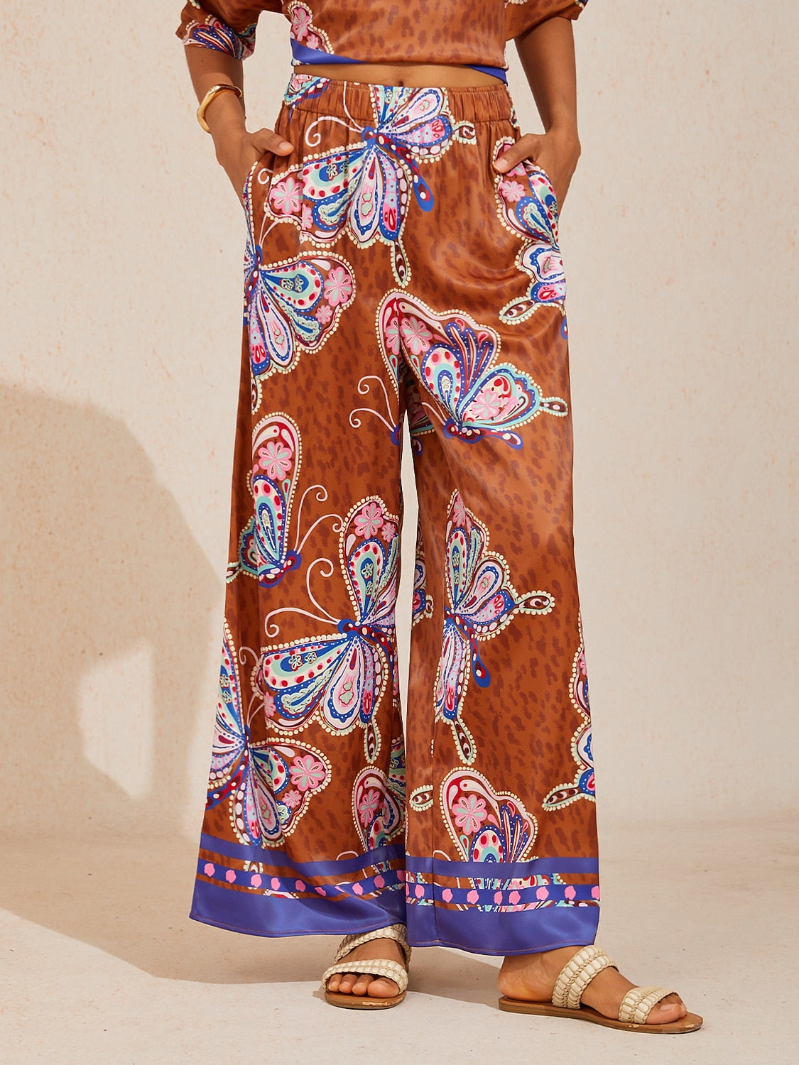 Sun Ember Silky Satin Wide Leg Pants