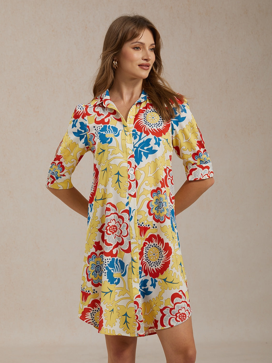 Vacation Satin Yellow Floral Print Shirt Mini Dress